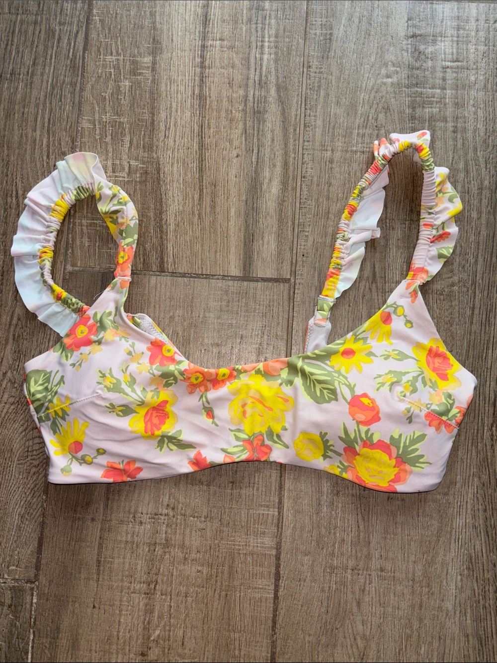 Aerie Floral Pink Yellow Flowered Ruffle-Strap Swim Top